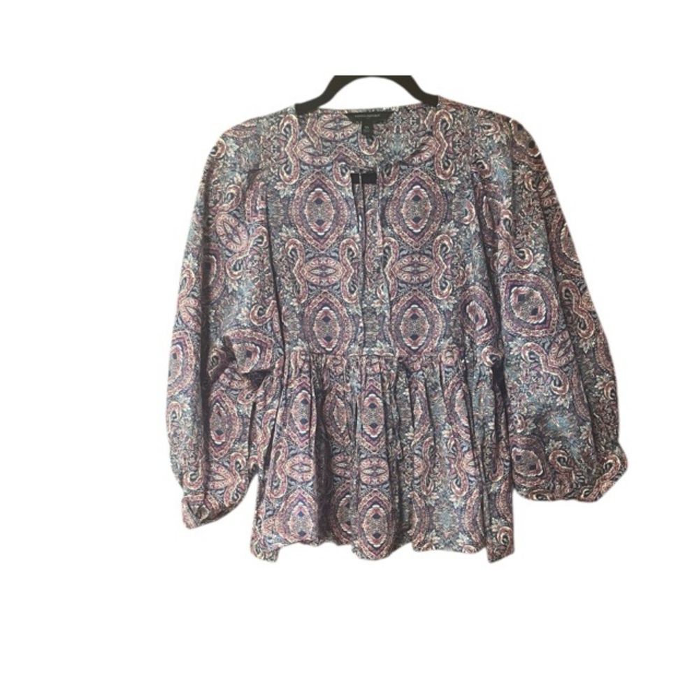 Banana Republic Factory Paisley Ballon Sleeve Tie Neck Blouse In Blue Ash - Picture 2 of 6